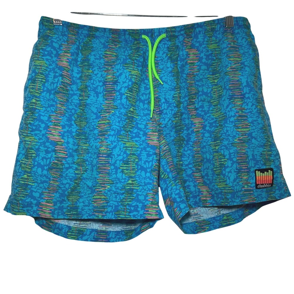 Chubbies Mens XL Blue Abstract Neon Stripe Swim Trunks Drawstring bold retro